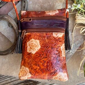 Brown Hand-Painted-Leather Cell Phone  Crossbody Bag  NWT